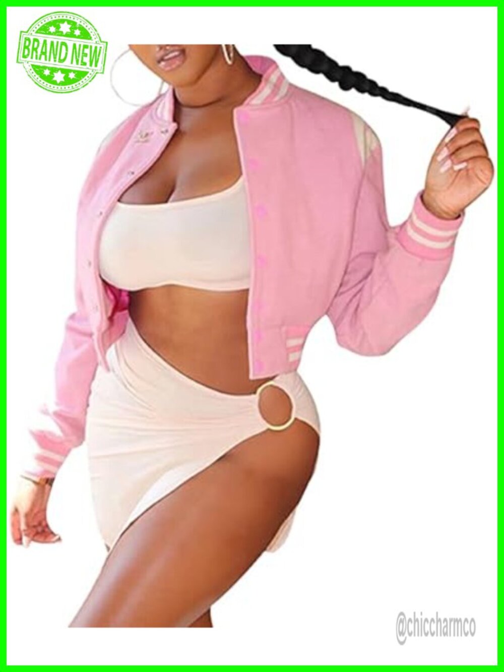 Cropped Varsity Baseball Jacket Snap Button Long Sleeve Polyester Women